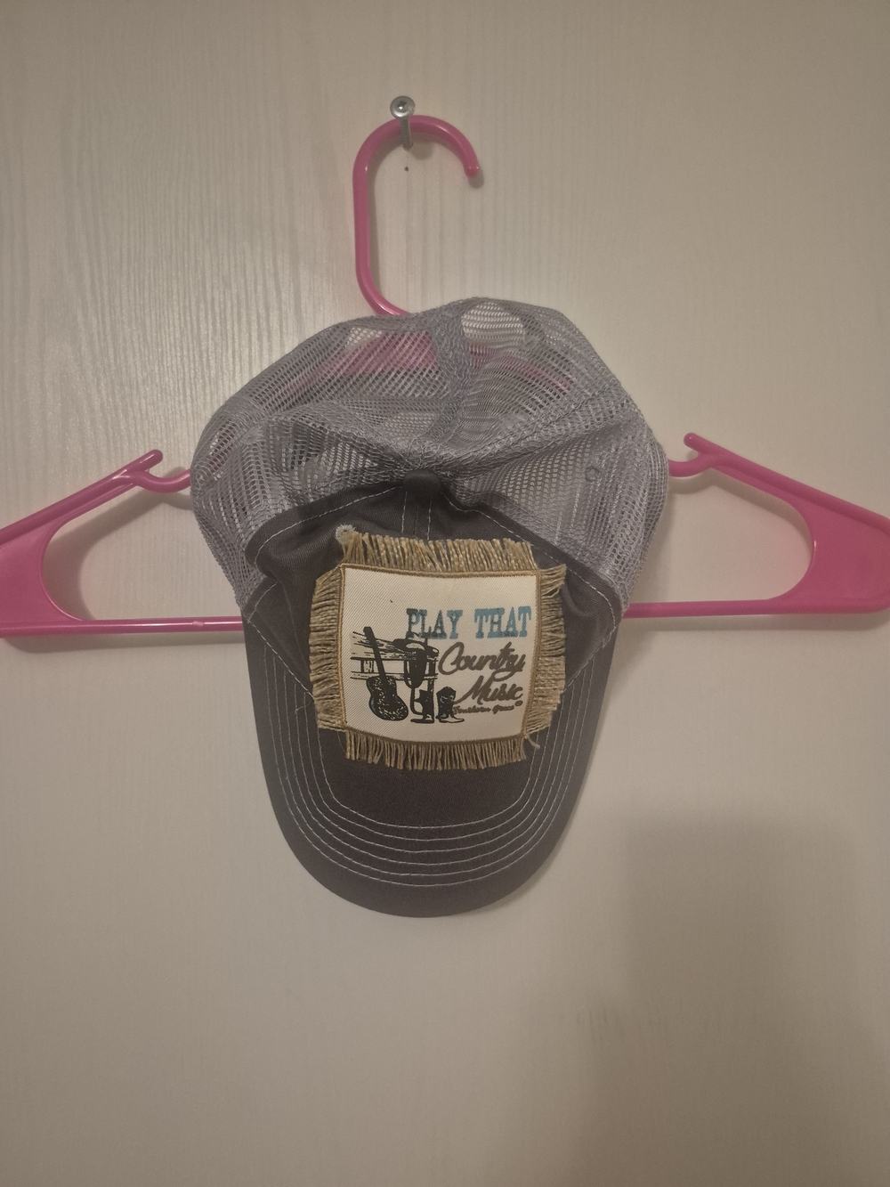 Truckers Mesh Cap with 'Play That Country Music' Patch - Gray & Cream